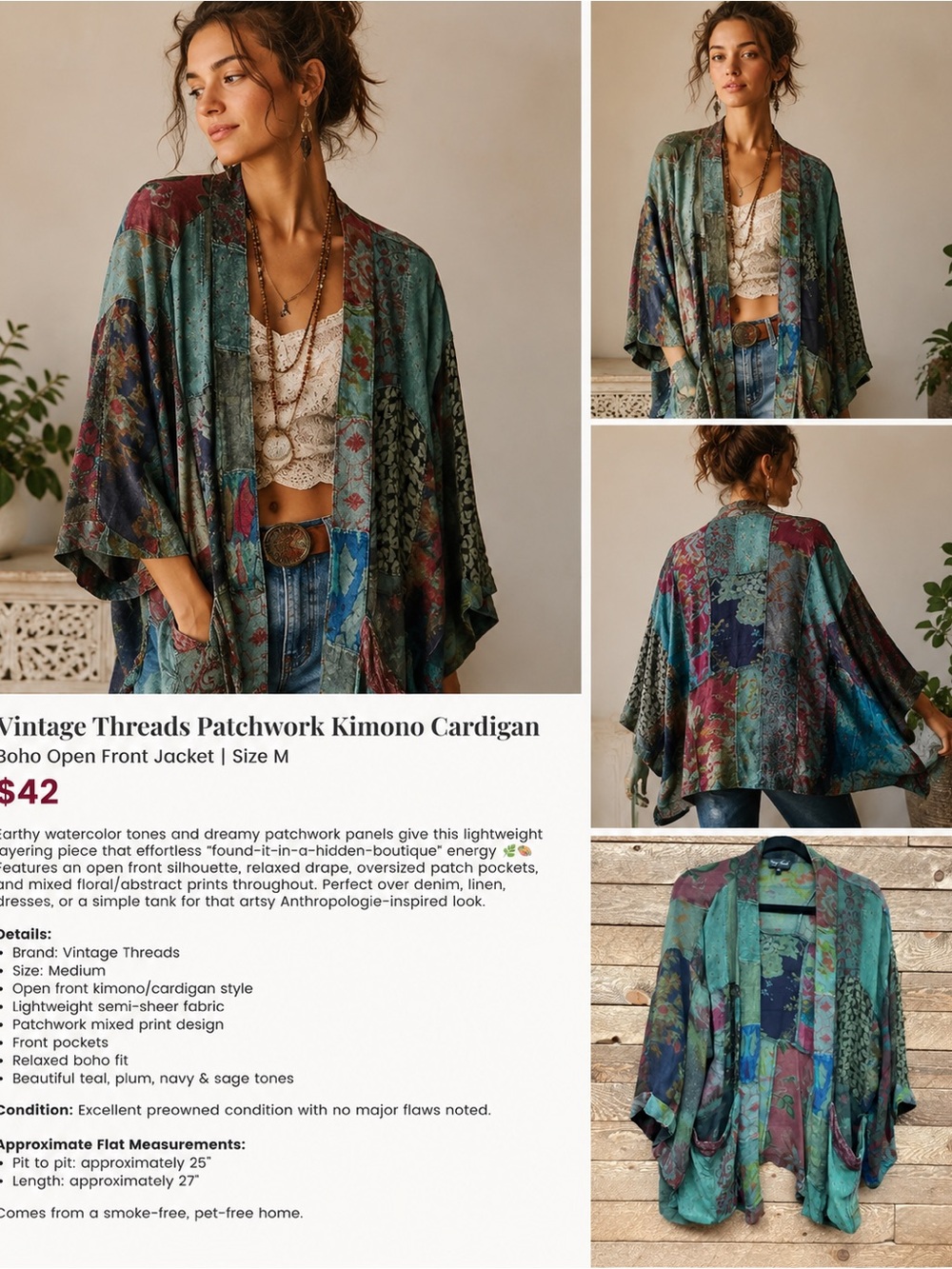 Young Threads Patchwork Kimono Cardigan | Boho Open Front Jacket | Size M